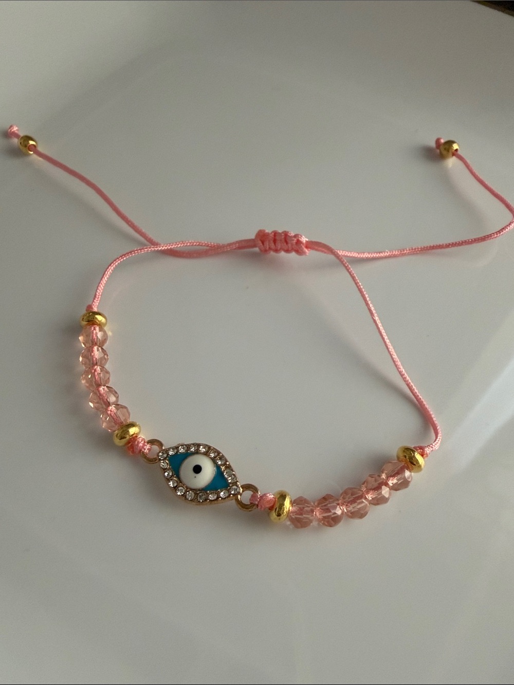 Pink Crystal Beaded Evil Eye Bracelet with Gold Accents Adjustable Boho Jewelry